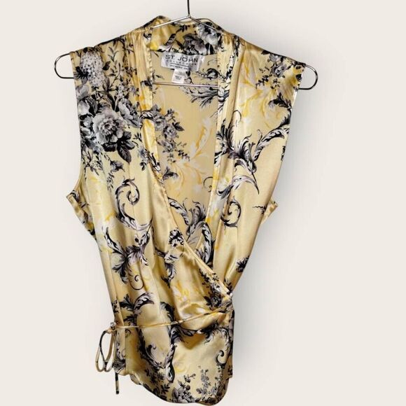 St. John Collection Tops - Vintage St John Collection Sleeveless Wrap Top Yellow Black Floral Print Size 10